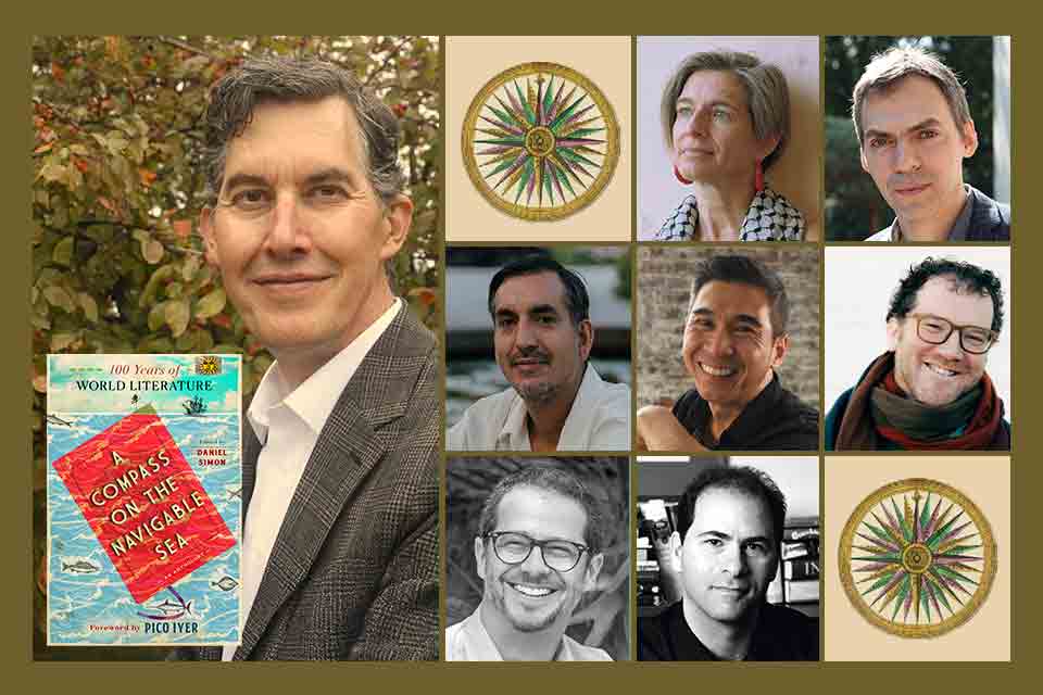 A photo of Daniel Simon, his book jacket, and seven authors who will be reading with him from March 23 to March 27