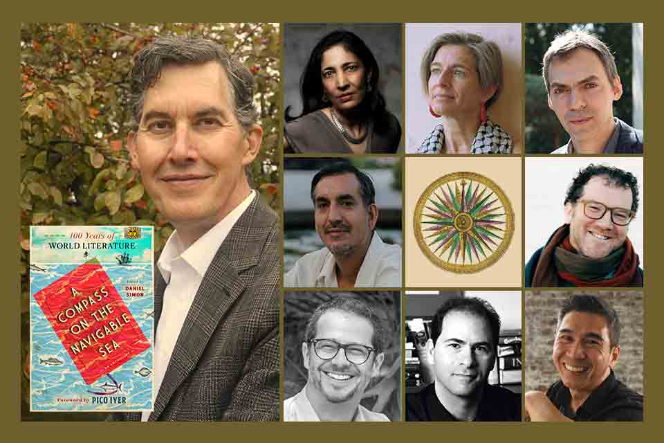 A photo of Daniel Simon, "A Compass on the Navigable Sea" book cover, and eight writers who will be helping launch the book March 23-27