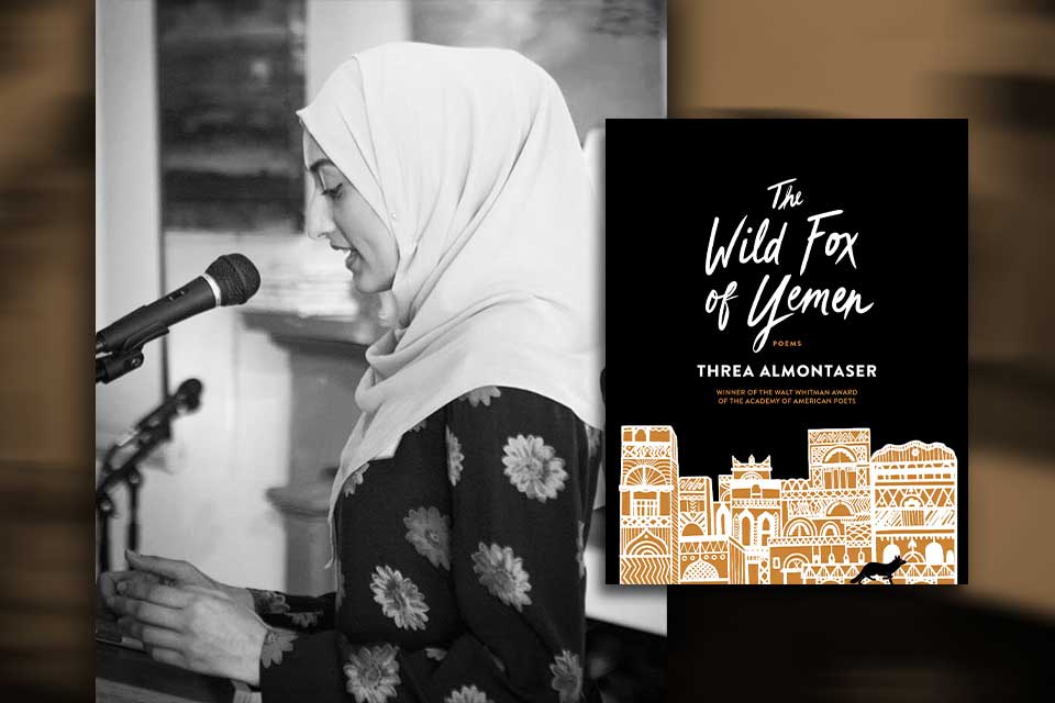 A photograph of Threa Almontaser with the cover to her book The Wild Fox of Yemen