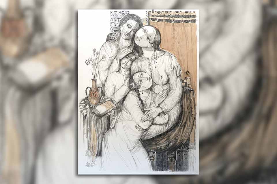 An illustration of a family that brings to mind Medieval drawings as well as cubism