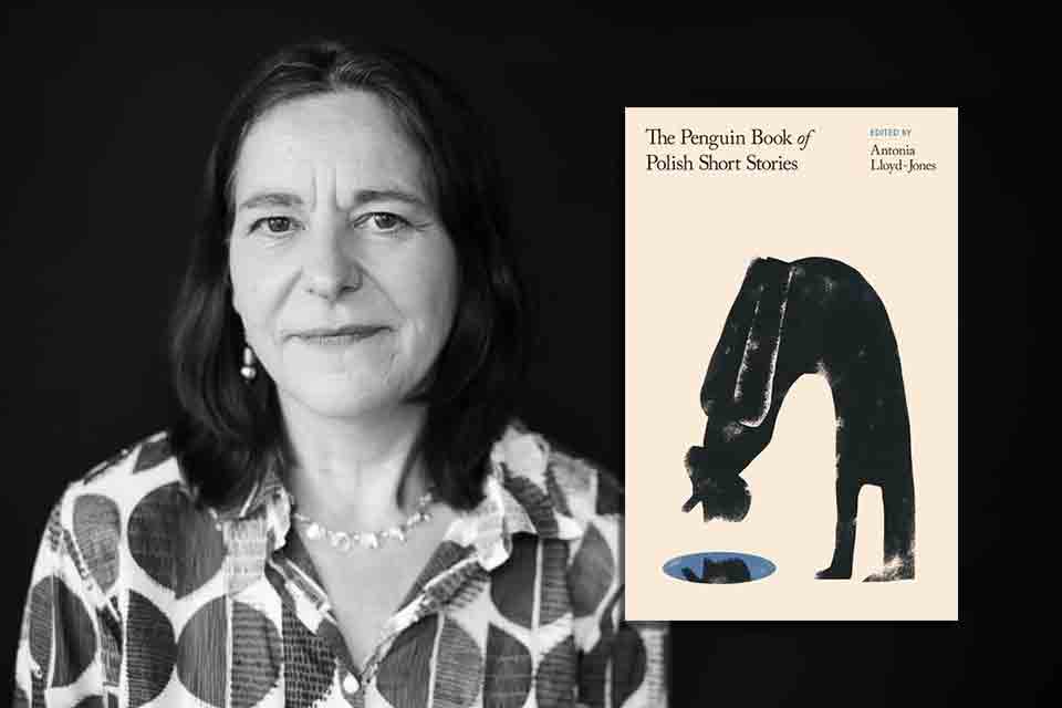 Antonia Lloyd-Jones with the cover to The Penguin Book of Polish Short Stories