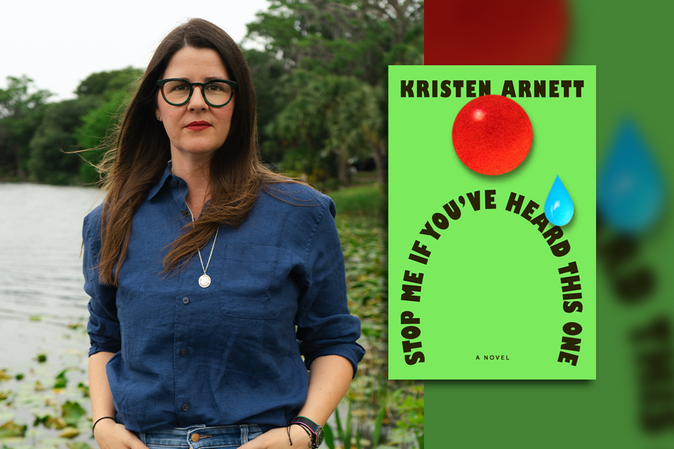 Kristen Arnett and the cover to her book Stop Me If You've Heard This One