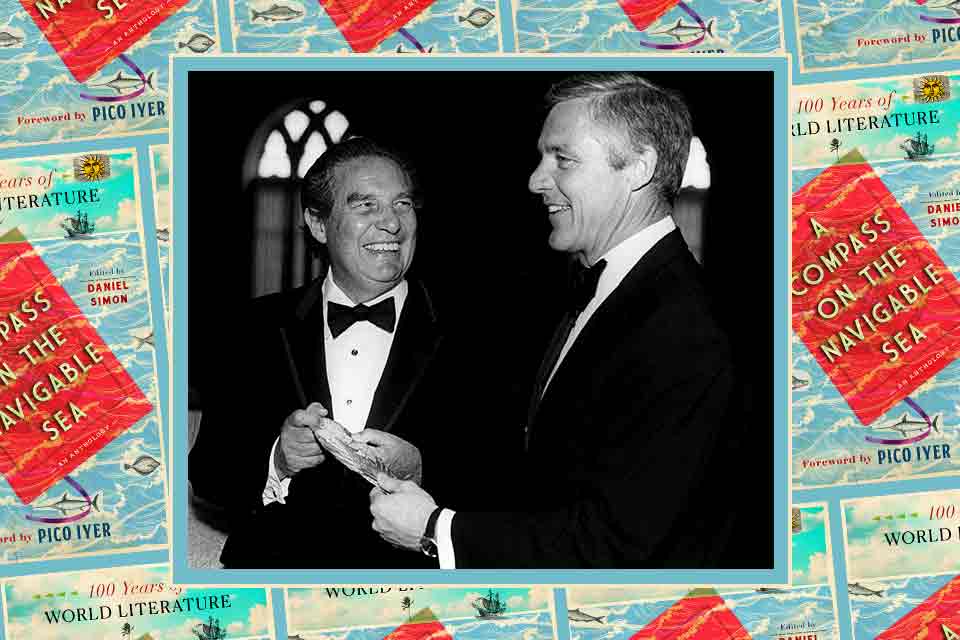 Octavio Paz (left) and William Banowsky holding the 1982 Neustadt Prize silver feather