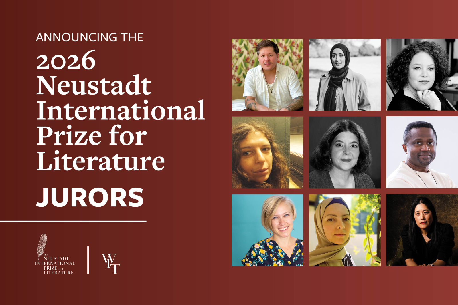 A photo collage of the jurors listed below. Text reads: Announcing the 2026 Neustadt International Prize for Literature: Jurors.