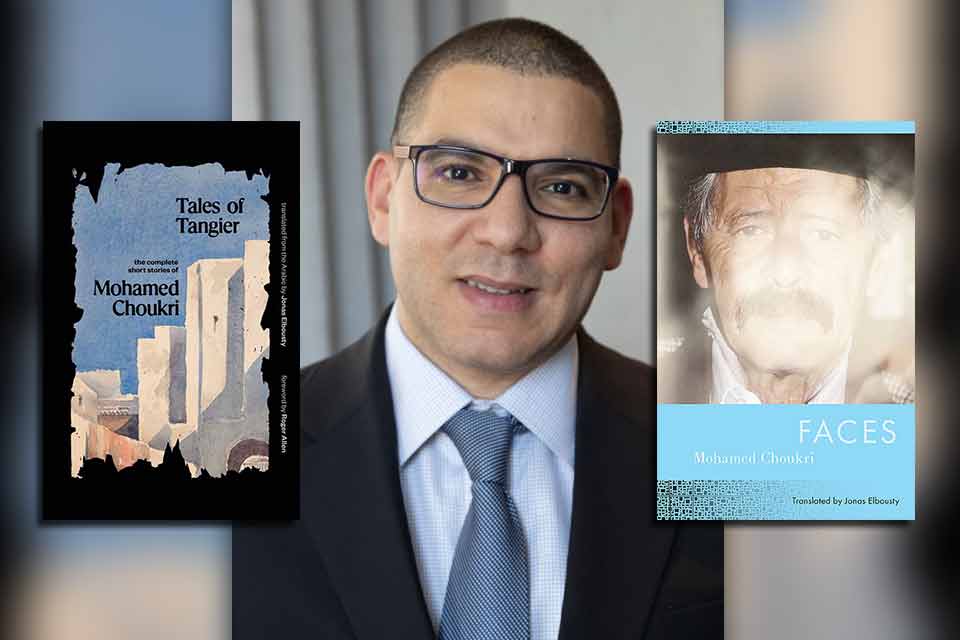 Jonas Elbousty with the cover to two of Mohamed Choukri's books