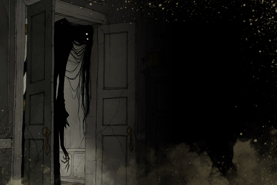An illustration of a ghoulish figure hovering in a door frame