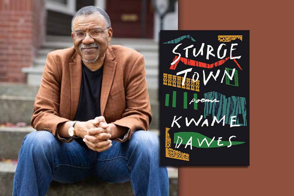 Kwame Dawes with the cover to his book Sturge Town