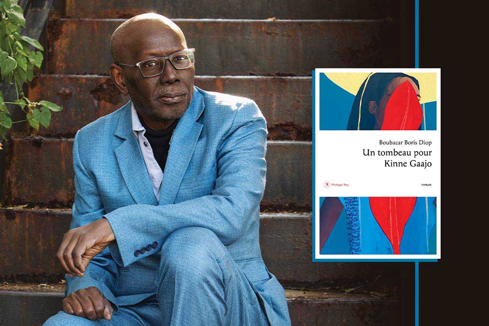 A photograph of Boubacar Boris Diop with the cover to his book Un Tombeau pour Kinne Gaajo