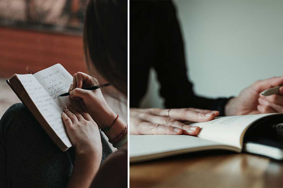 On the left, hands writing in a journal. On the right, a person seated at a table reading that journal.