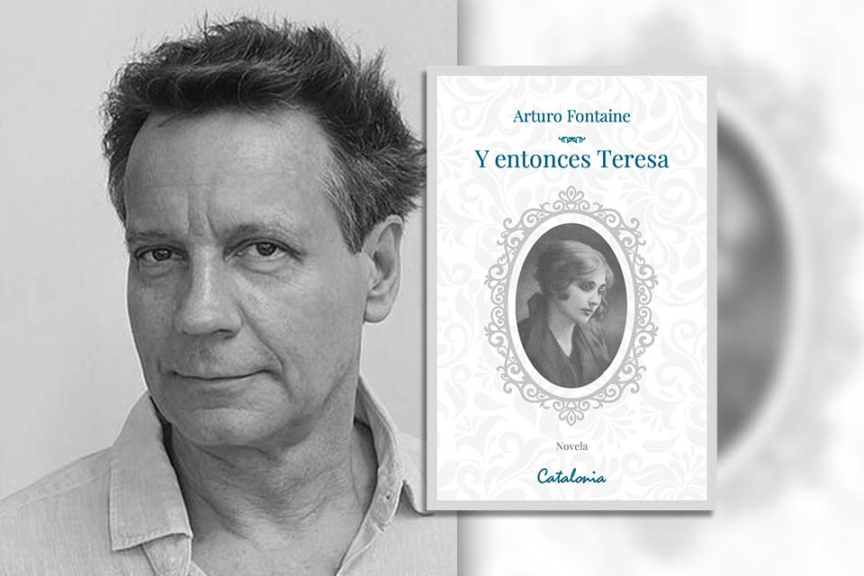 Arturo Fontaine with the cover to his book Y entonces Teresa