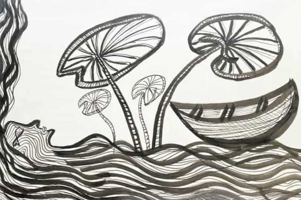 An illustration of a human figure lying on its back in a river with a boat floating nearby and large plants rising from the water