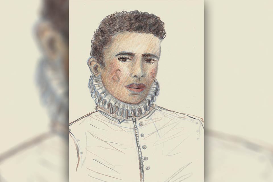 An illustration rendered in colored pencil of an androgynous figure in period dress