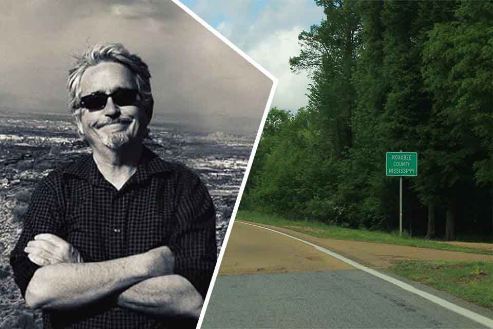 A photograph of T. R. Hummer juxtaposed against a highway sign that reads, “Noxbuee County Mississippi”