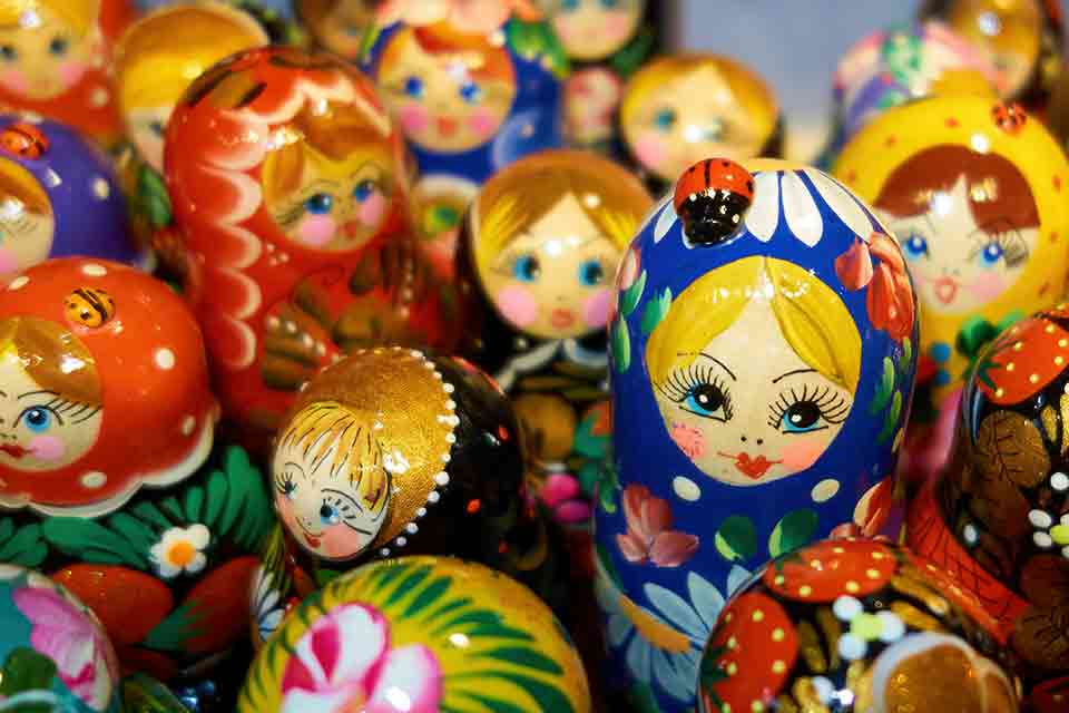 A crowded cluster of dolls
