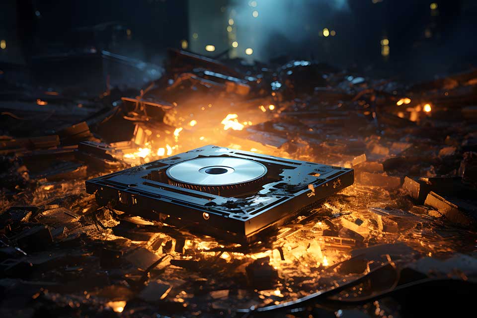 A CD player sits exposed in a pile of burning rubble