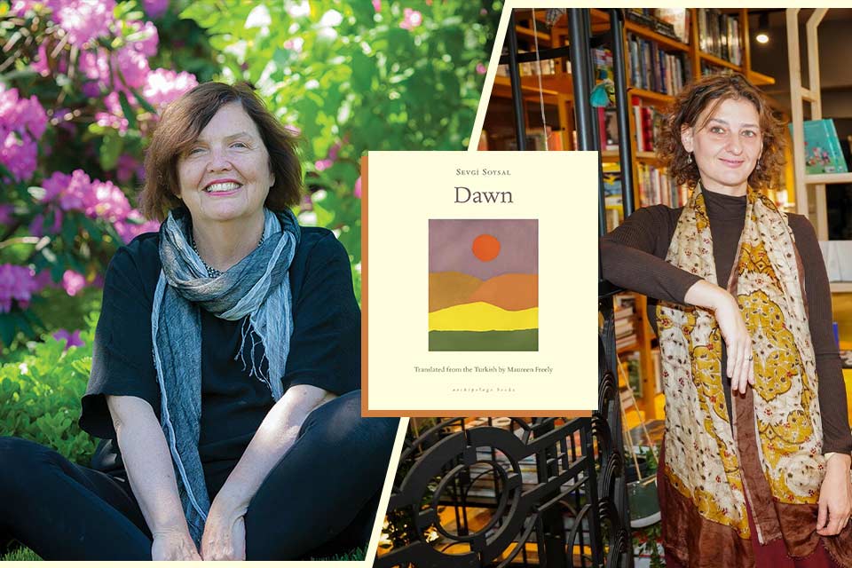 Photographs of Maureen Freely (left) and Sevgi Soysal (on the right) with the cover to Soysal's book Dawn