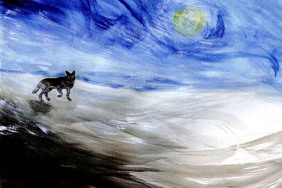A painting of a dog standing on a cloud