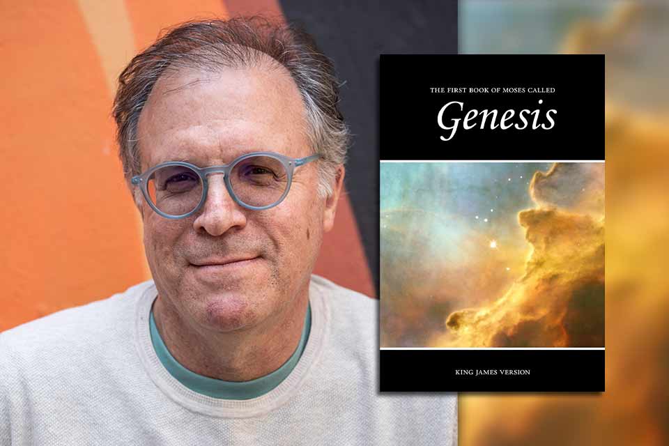 Ilan Stavans with the cover to The First Book of Moses Called Genesis