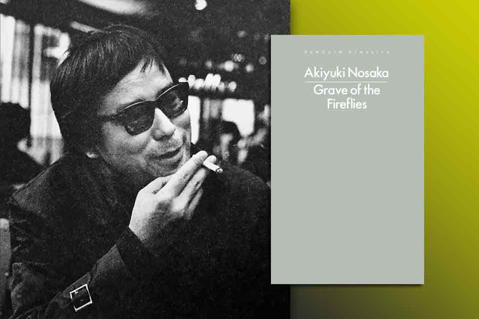 Akiyuki Nosaka with the cover to his book Grave of the Fireflies,