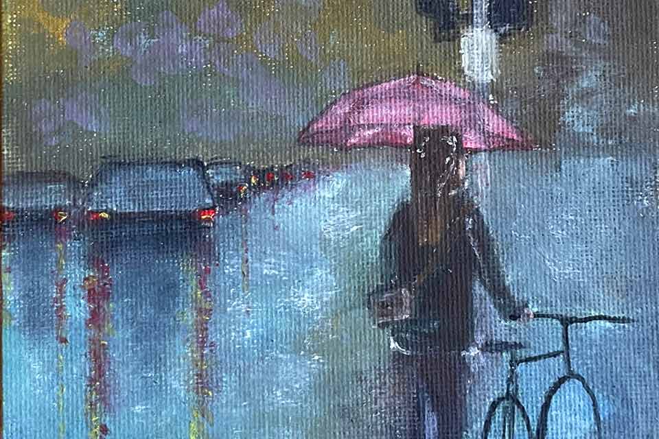 A oil painting of someone standing next to a bike in the rain