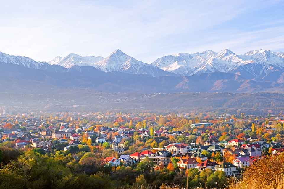 An aerial photograph of Almaty, Kazakhstan