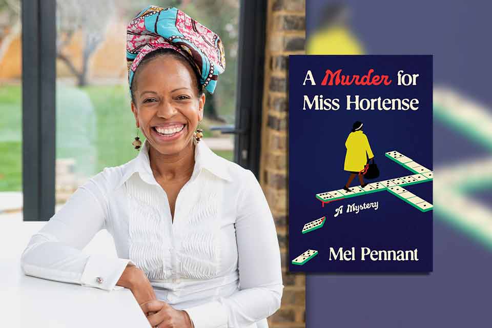 The author Mel Pennant and a copy of her book jacket, A Murder for Miss Hortense