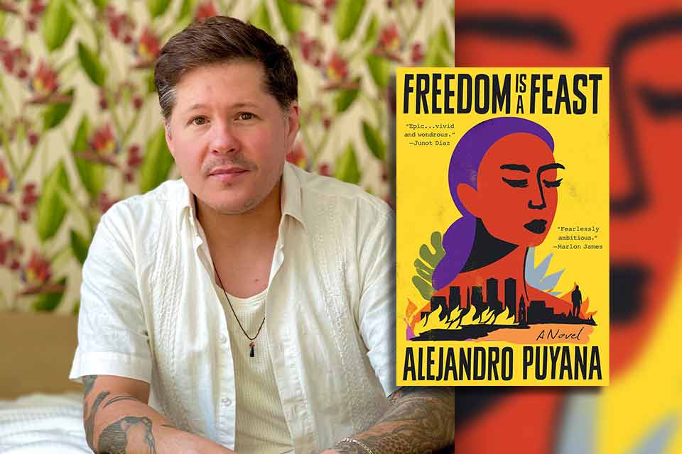 Alejandro Puyana with the cover to his book Freedom Is a Feast