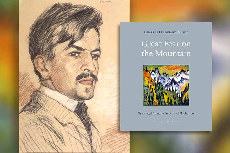 An illustration of Charles Ferdinand Ramuz and the cover to his book Great Fear on the Mountain&lt;/em&gt;