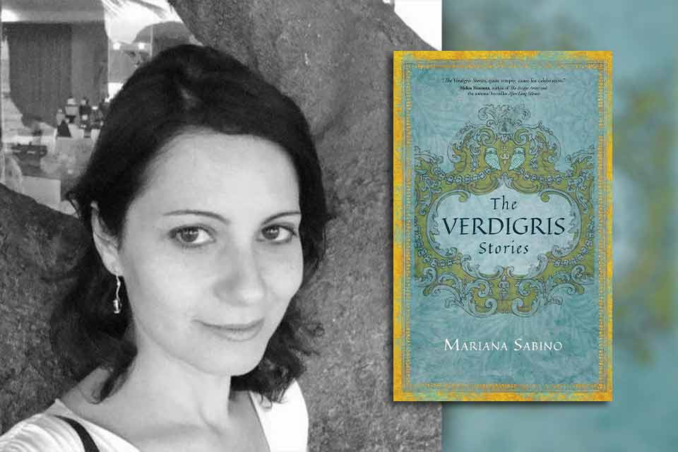 A photograph of Mariana Sabino with the cover to her book The Verdigris Stories