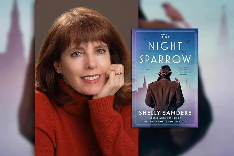 Shelly Sanders with the cover to her book The Night Sparrow