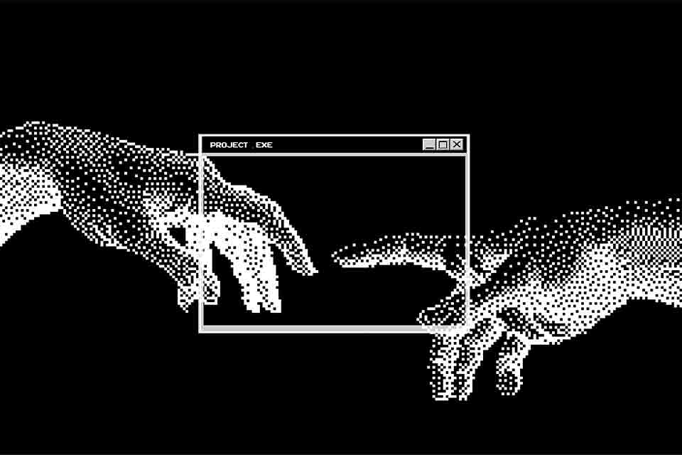An black and white, 8-bit recreation of Michaelangelo's The Creation of Man, close-up on the touch between God and Adam, which now occurs in a desktop window