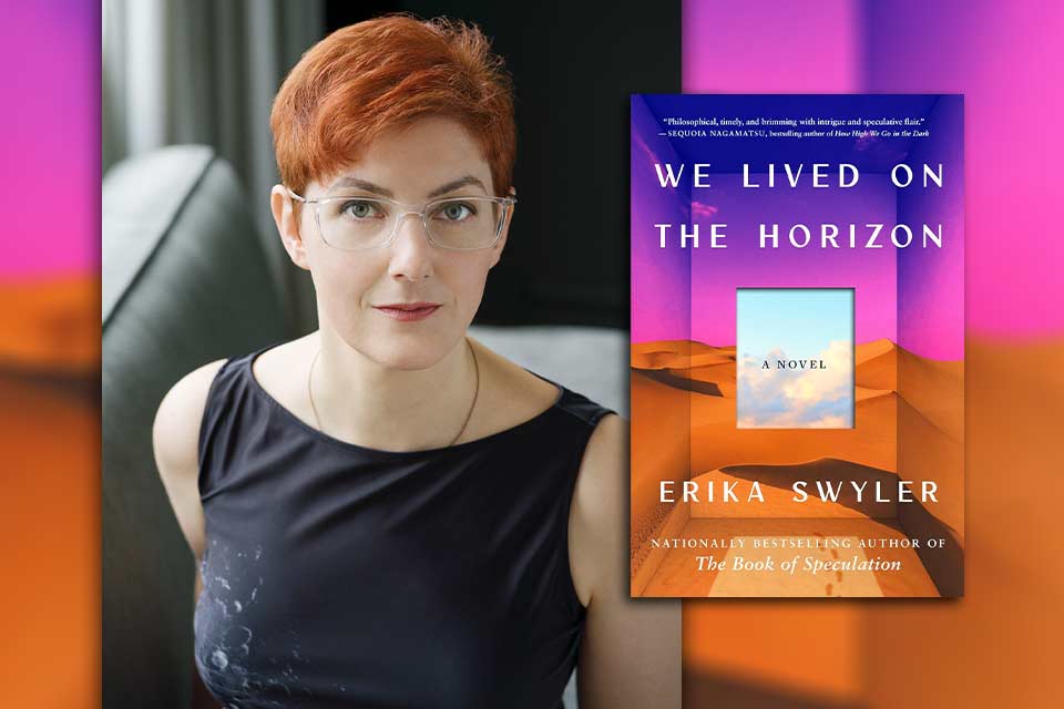 A photograph of Erika Swyler with the photograph to her book We Live in the Horizon