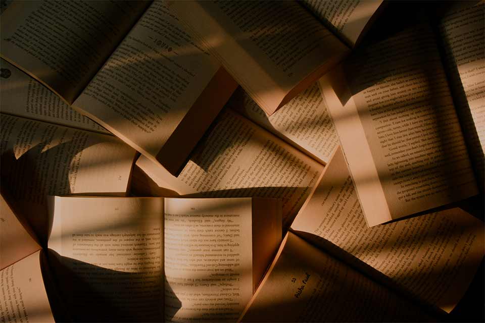 A photograph of a number of books open in a pile on a desk ribboned with shadow