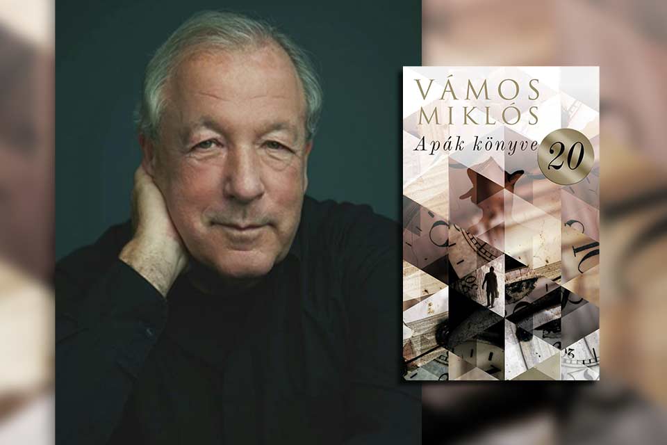 Miklós Vámos with the cover to his book Apák könyve