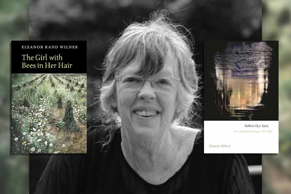Eleanor Wilner with the covers to her books The Girl with Bees in Her Hair and Before Our Eyes