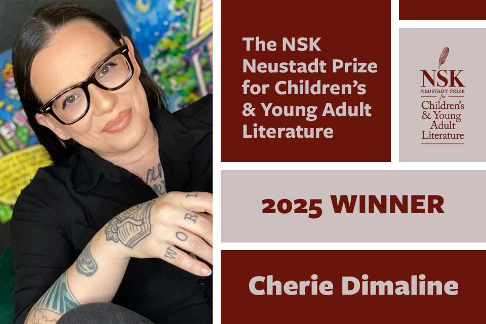 A photograph of 2025 NSK Laureate Cherie Dimaline. Text reads: The NSK Neustadt Prize for Children's and Young Adult Literature. Winner 2025. 