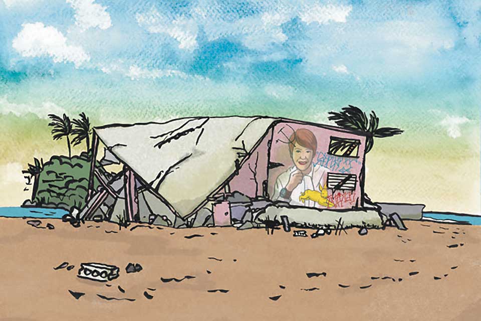 An illustration of a politician speaking to a camera. The image is being projected on to a ruined building occupying a desolate landscape