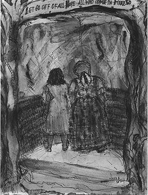Two female figure walk through a doorway. Text on sign above reads: Let Go Off of All Hope All Who Come in Here