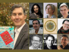 A photo of Daniel Simon, "A Compass on the Navigable Sea" book cover, and eight writers who will be helping launch the book March 23-27