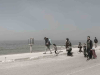 A group of refugees walking along the beach