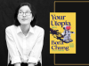 A black and white photograph of Bora Chung with the cover to her book Your Utopia