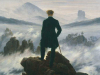 A painting of a man standing on a mountain top with clouds swirling down below