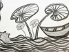 An illustration of a human figure lying on its back in a river with a boat floating nearby and large plants rising from the water