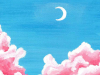 A painting of a crescent moon hovering above pink clouds