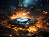 A CD player sits exposed in a pile of burning rubble