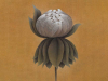 A painting of a flower in subdued colors against a sepia background