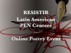 An image of a fountain pen resting on scribbles in black and red. Text reads: Resistir Latin America. Online Reading Event