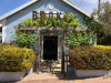 A modest blue home with plants and ivy almost swallowing the entrance