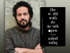 A photograph of Zahid Rafiq with the cover to his book The World with Its Mouth Open