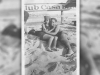 A black and white photo of a man and a woman embracing while they lay in the sand